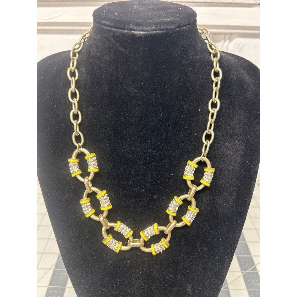 J.Crew Necklace Gold Tone Rhinestone‎ Yellow Enamel Pave Chunky Link Statement